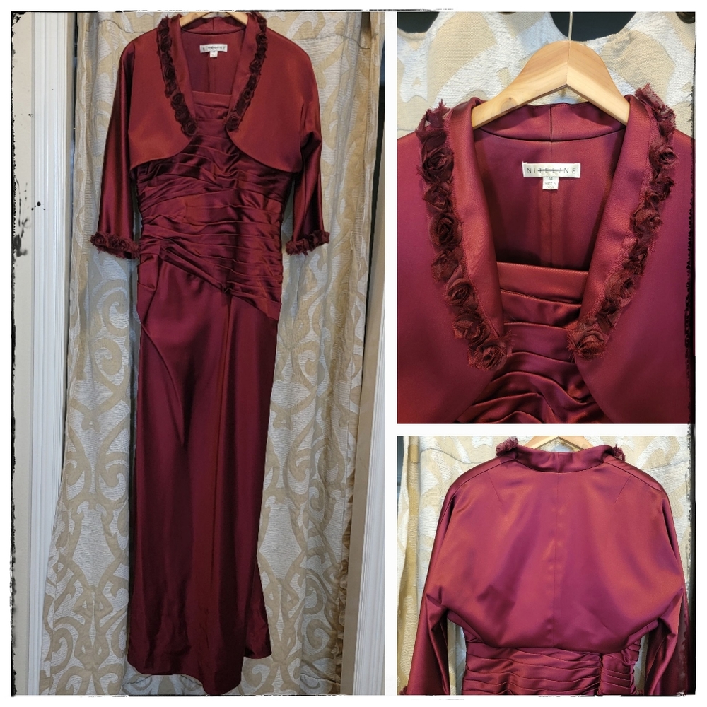 Maroon Satin Mermaid-style Formal Evening Gown & Jacket